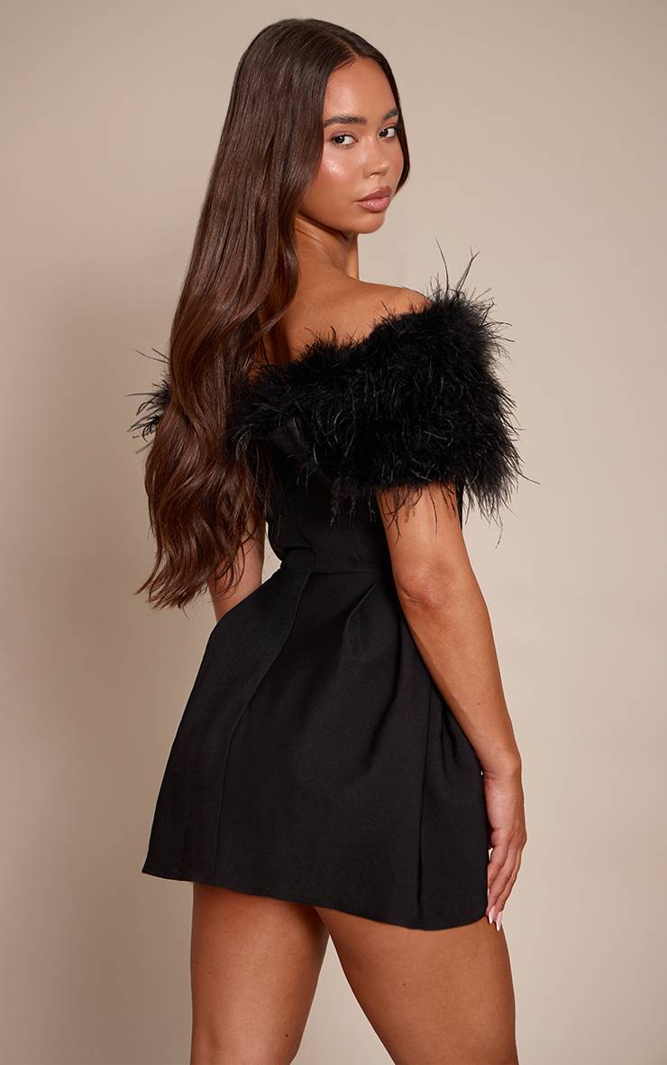 Noir Robe Mini Tulipe Bardot Tissée Premium Avec Plumes