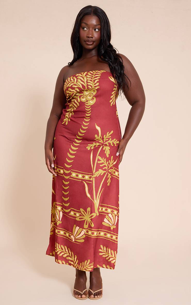 Chocolat Robe Longue Bandeau Grande Taille En Tissu Tissé Imprimé Palmiers
