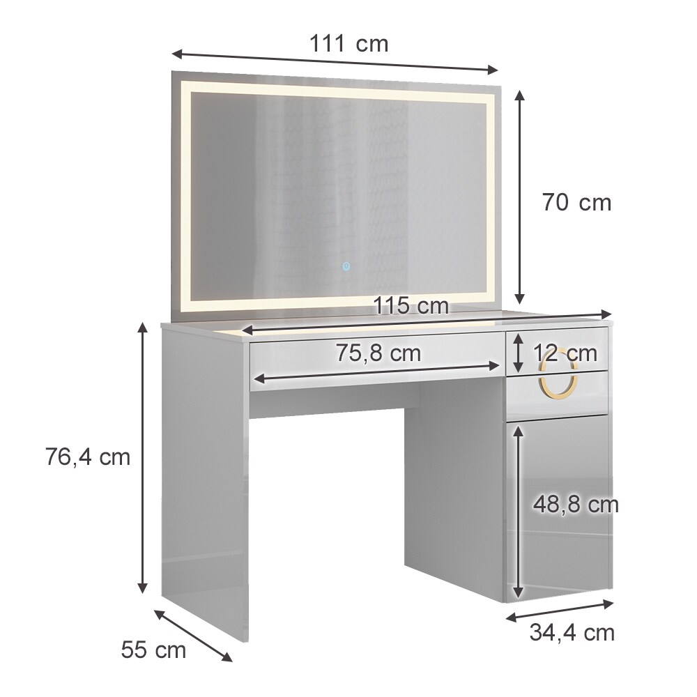 Vicco Schminktisch Adela Weiß Hochglanz, 115 x 76 cm LED-Spiegel, Frisierkommode