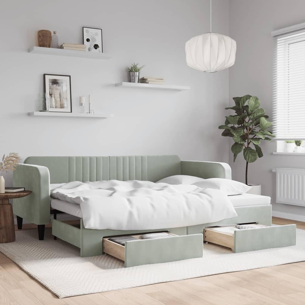 vidaXL Tagesbett, Sofabett Ausziehbar mit Schubladen, Gästebett Schlafsofa für Schlafzimmer Wohnzimmer, Sofa Ausziehbett, Hellgrau 90x200cm Samt