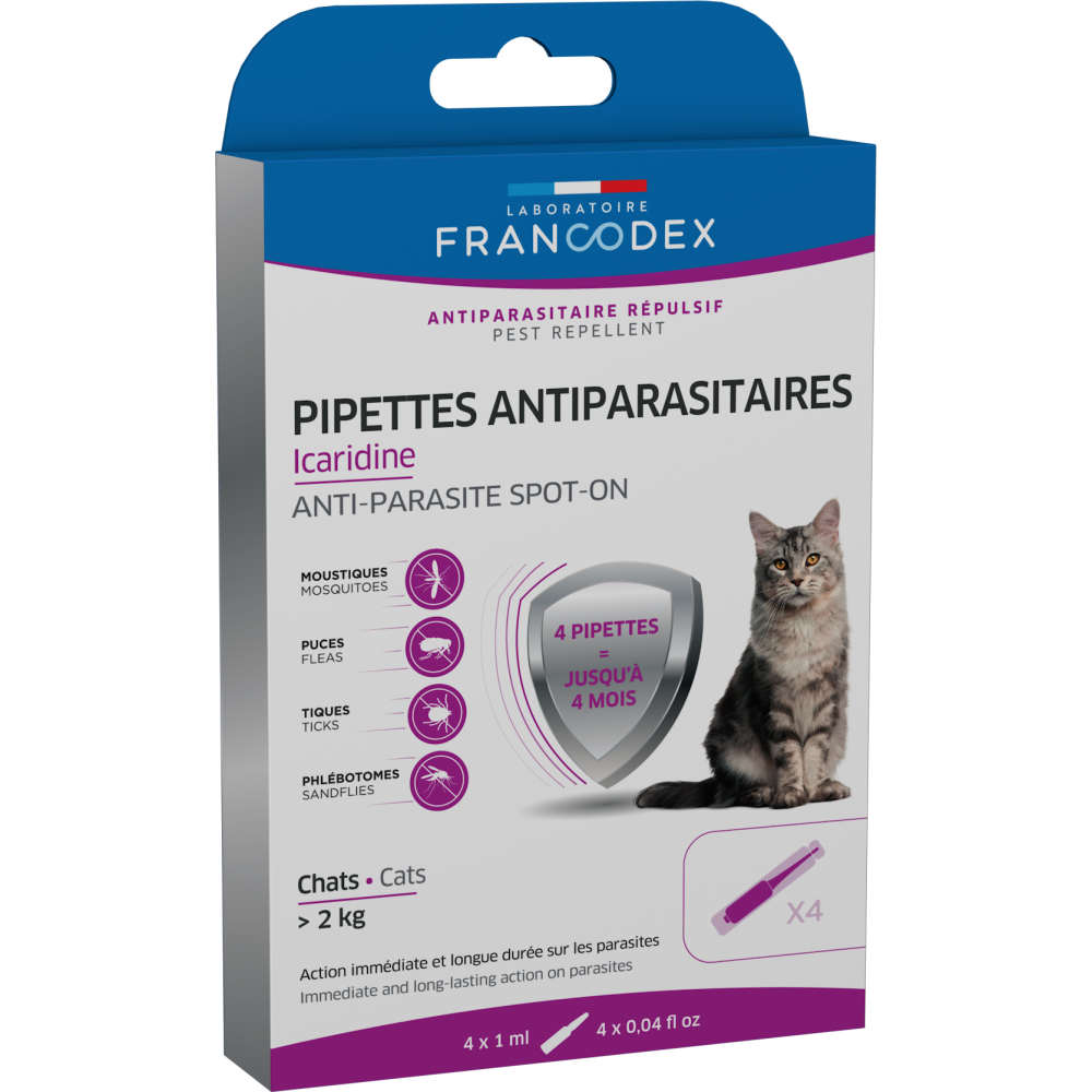 4 pipettes antiparasitaires icardine pour chats plus de 2 kg