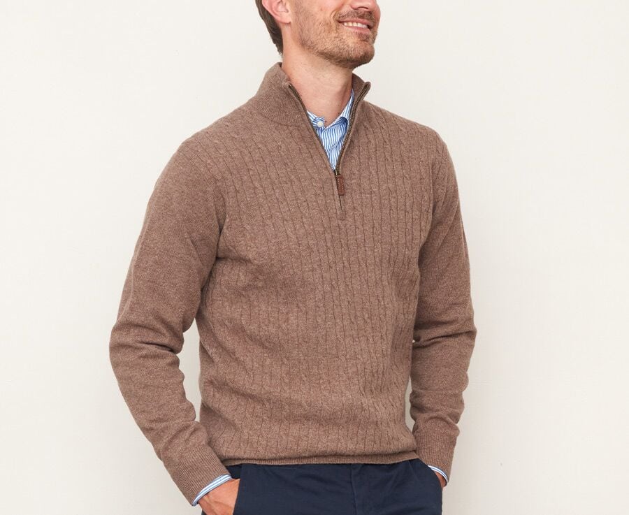 Pull laine homme à torsades col zippé Marron chiné - KEITHOR