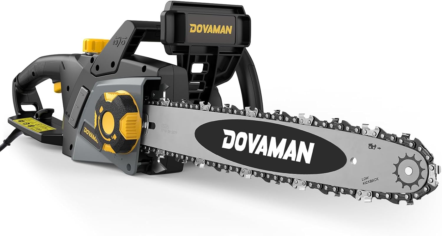 DOVAMAN 2400W Elektro Kettensäge, 40cm Oregon Schwert und Kette, werkzeuglose Kettenspannung, 15m/s, Rückschlagschutz, inkl. 2 Ketten, Kettensäge ideal für Brennholz, Garten und Baumschnitt - DCS01A
