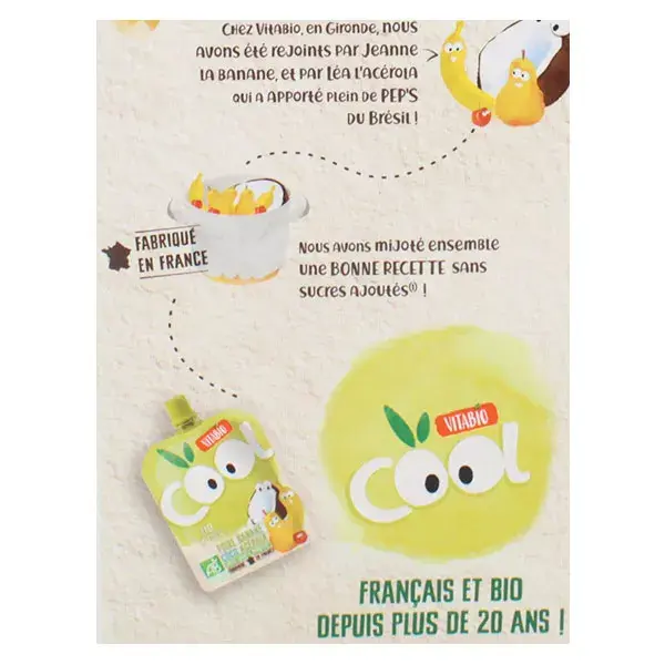 Vitabio Cool Fruits Sachês de Leite de Coco com Pera, Banana e Leite de Coco Orgânico - Pacote com 12 unidades de 85g