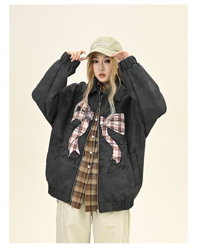 Iduna - Oversized bomberjack met kraag, strik en rits