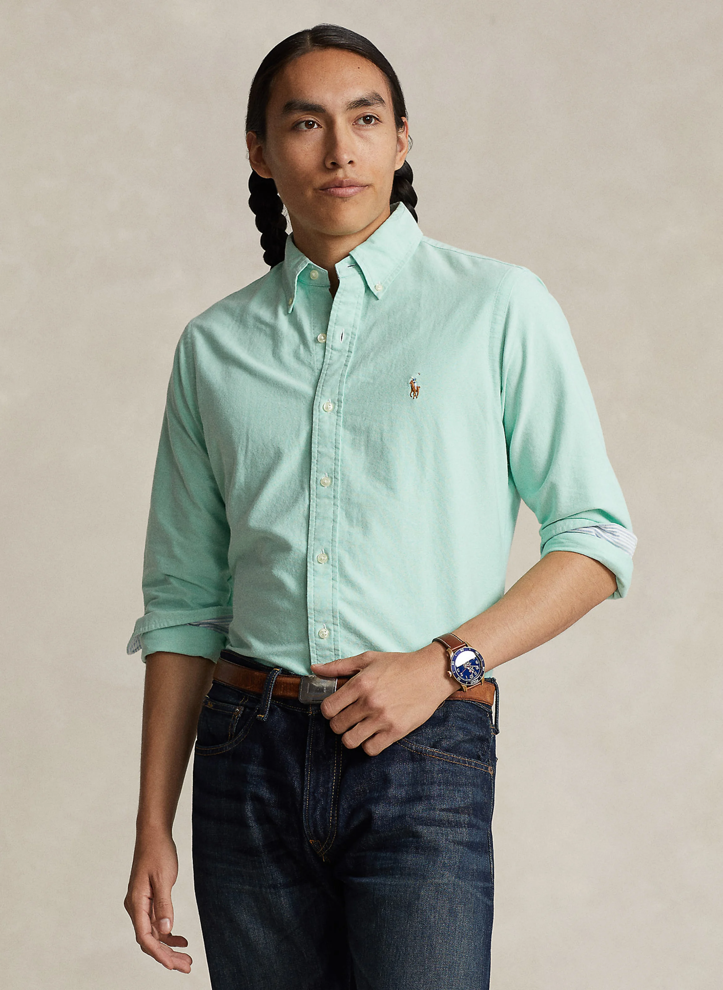 Chemise slim-fit col classique en coton | Vert