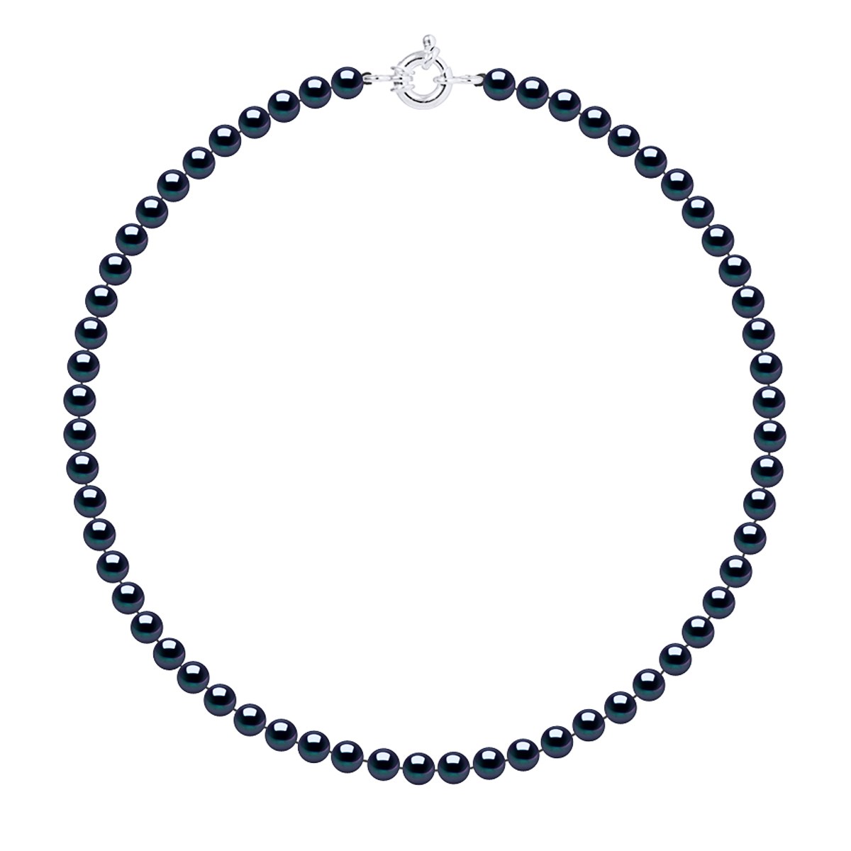 Collier Rang de Perles d'Eau Douce Noires 6-7 mm Anneau Marin Argent 925