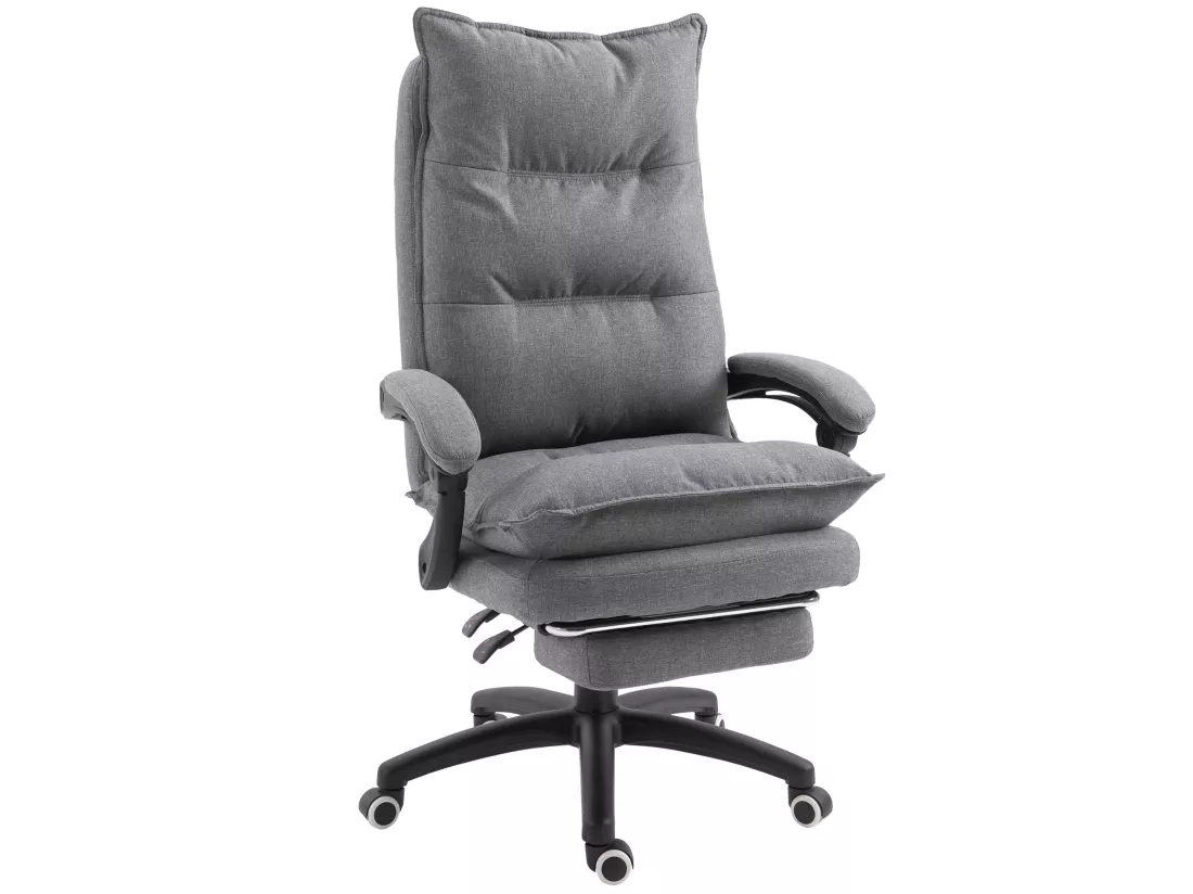 Fauteuil de bureau direction massant hauteur réglable dossier inclinable repose-pied intégré toile de lin gris chiné