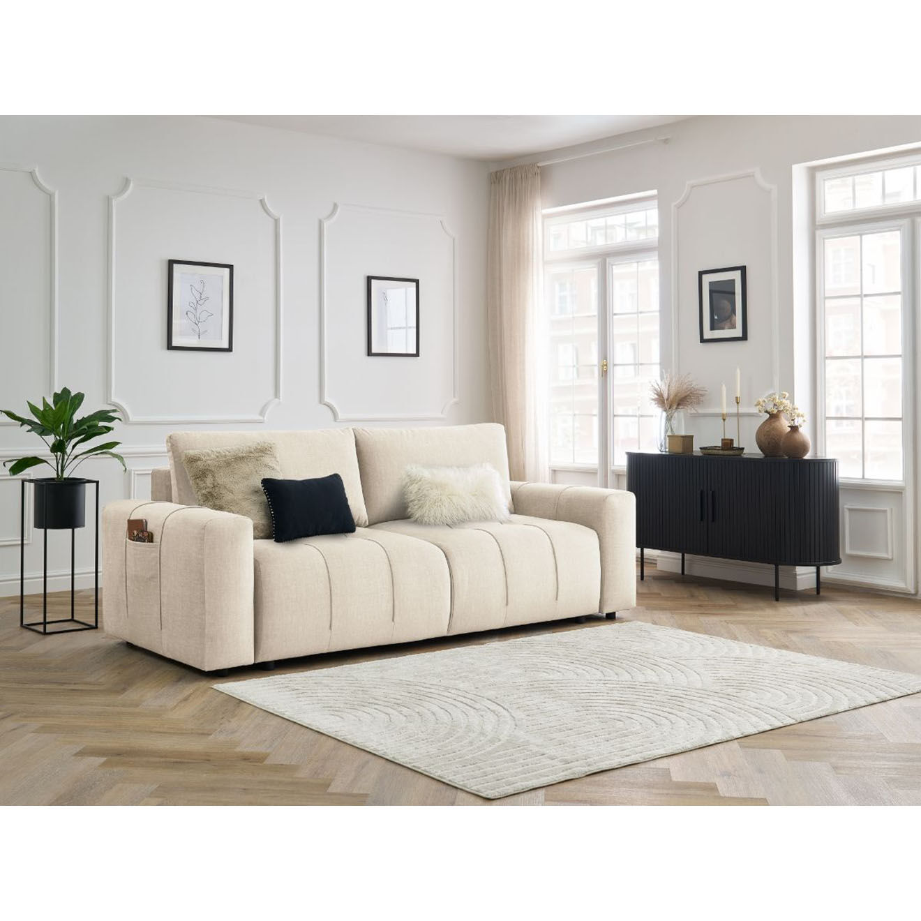 Bobochic Canapé droit convertible en Velours 3 places Arsène avec coffre beige - 248x105x90 cm