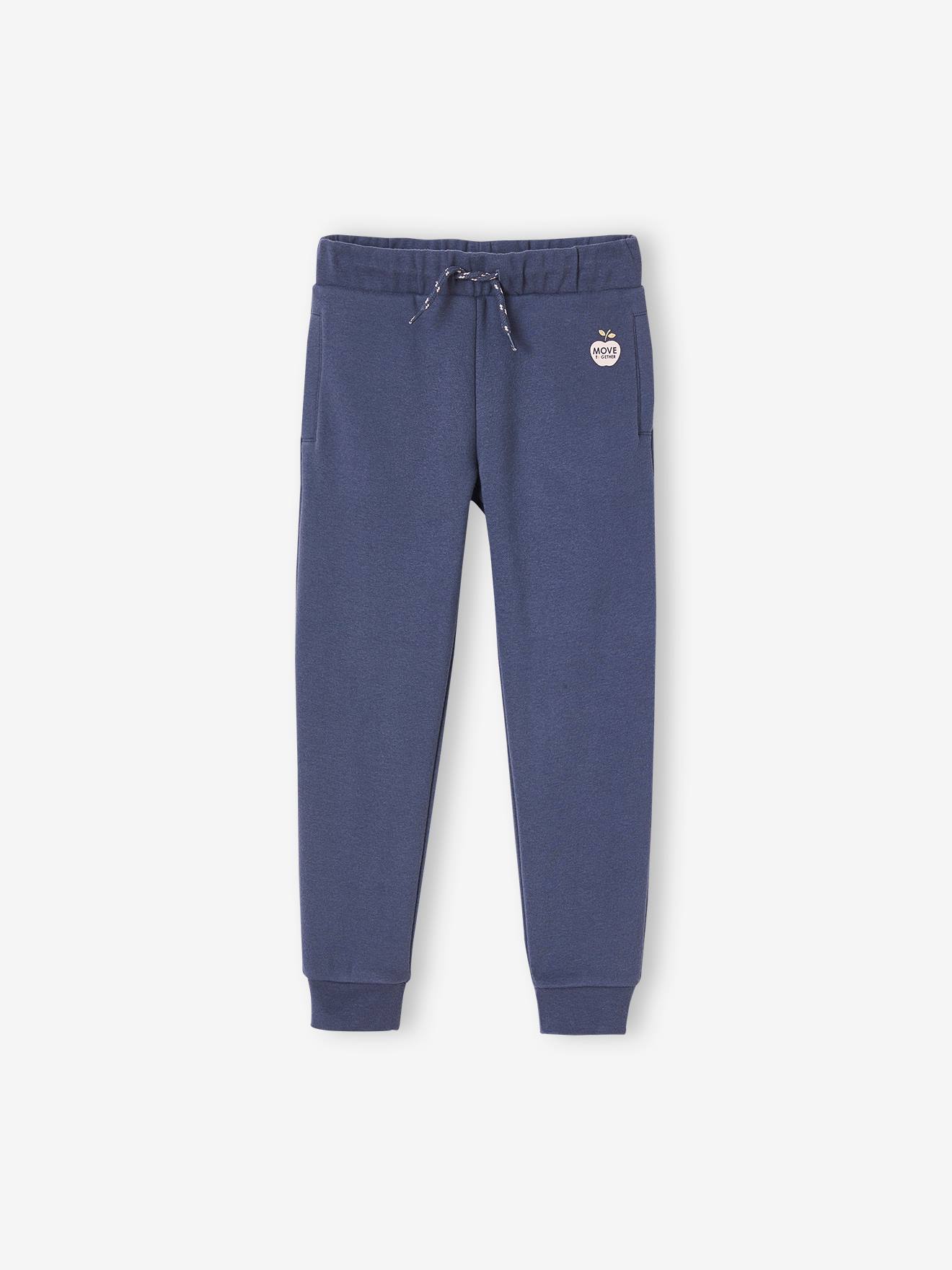Calça de moletom para meninas, lisa, azul médio com estampas.