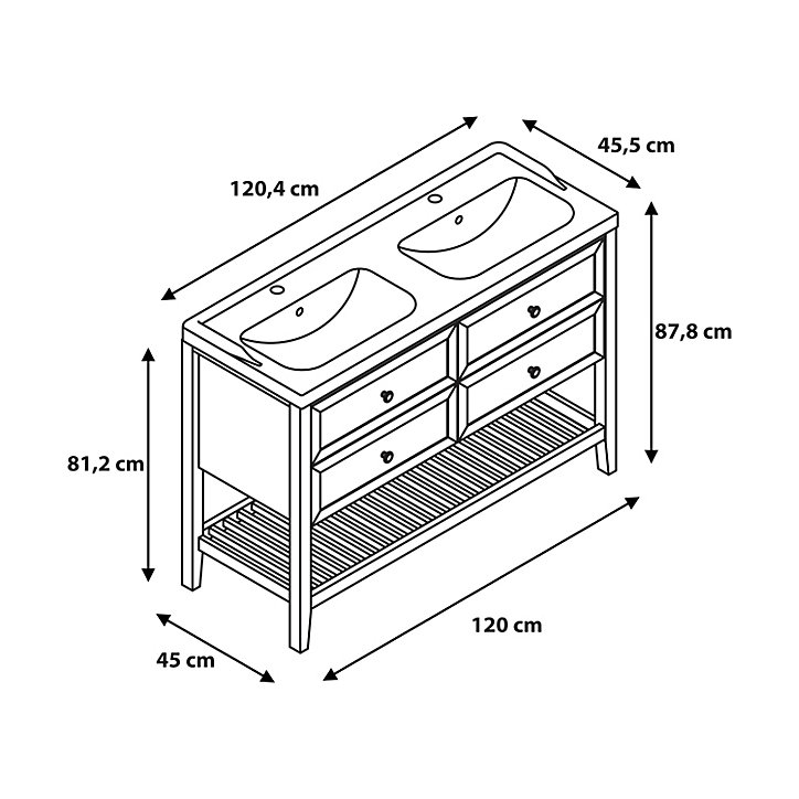Meuble sous vasque à poser 4 tiroirs GoodHome Perma bois 120 cm + Plan double vasque céramique blanc GoodHome Nira