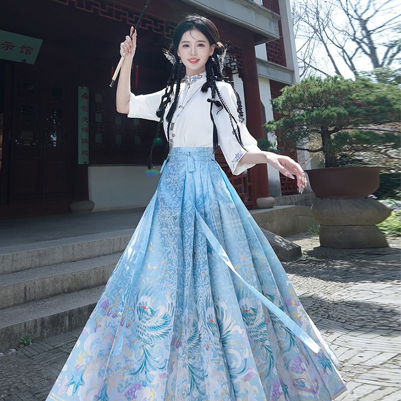 Fioridi - Hanfu-top met elleboogmouwen, bloemenborduursel en knoopjes / Midi-rok met hoge taille en feniksprint