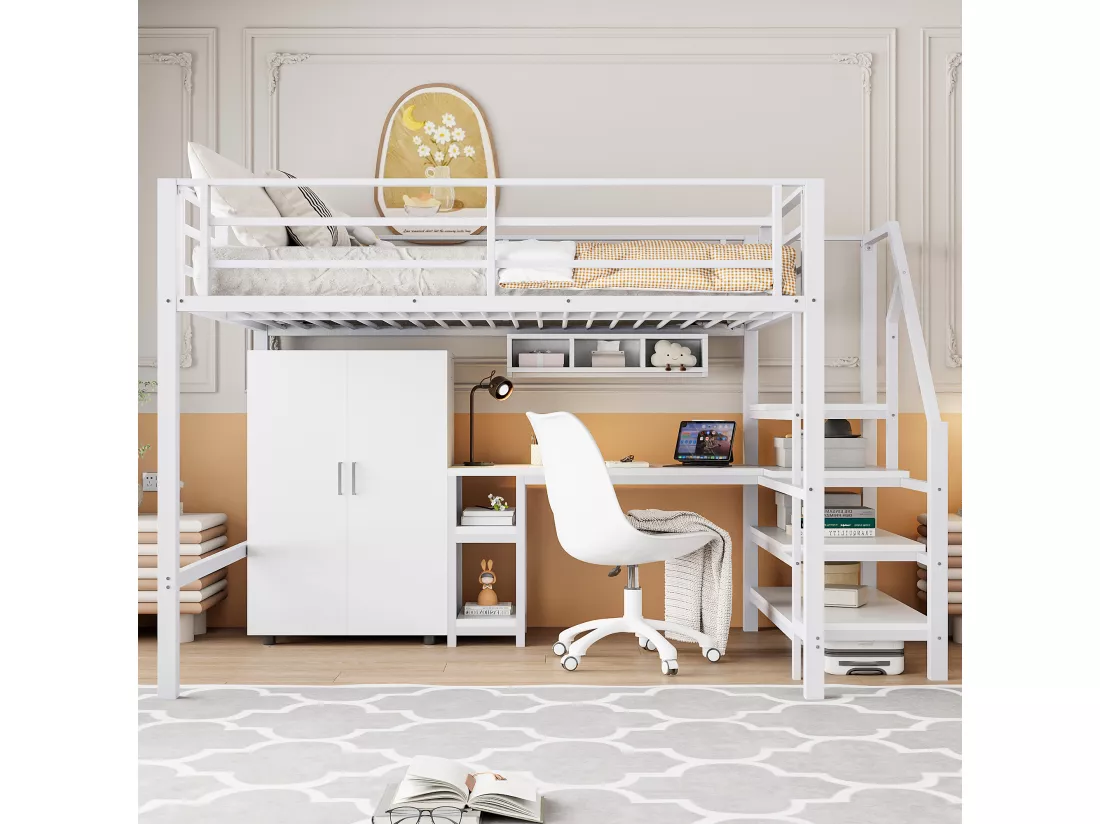 Lit mezzanine 140 x 200 cm avec bureau, armoire et étagères - Métal + MDF - Blanc (sans matelas)