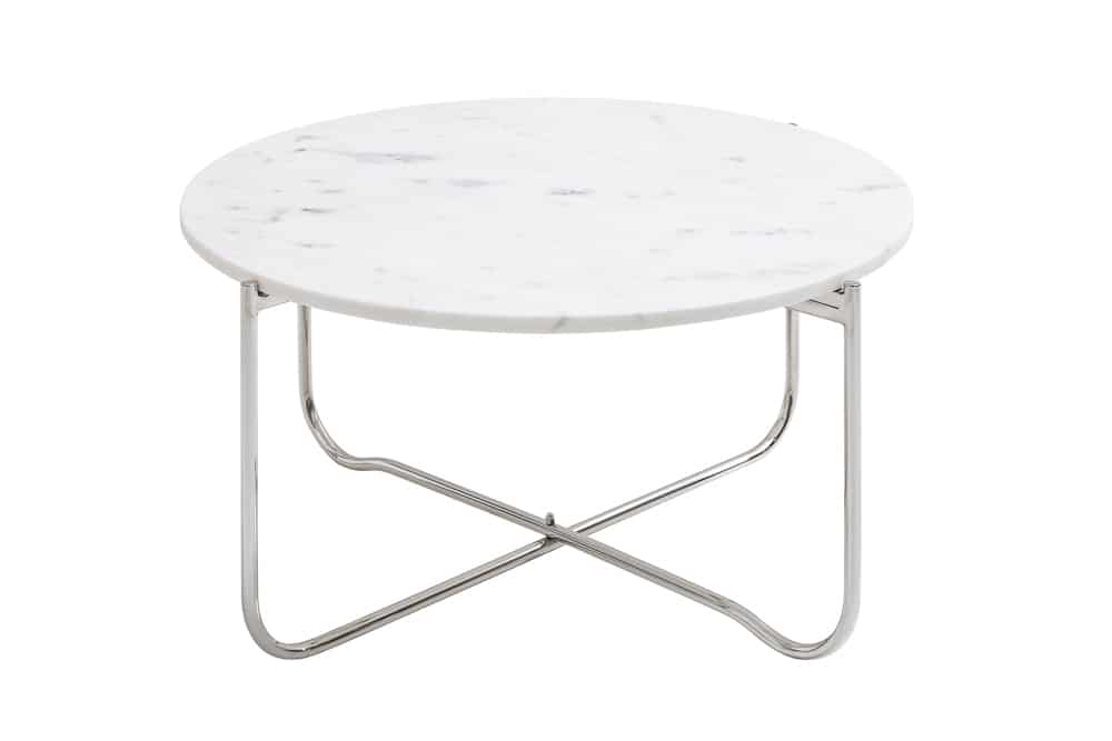 Runder Couchtisch NOBLE 65cm weiß Marmor abnehmbare Tischplatte klappbar silber Metall