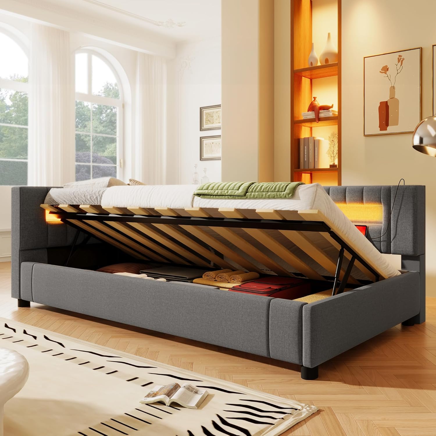 Polsterbett Einzelbett 90x200, Schlafsofa mit Hydraulischem Stauraum&LED-Licht&USB Ladefunktion, Stauraumbett Jugendbett Funktionsbett Gästebett Bettgestell mit Lattenrost, Linen, Ohne Matratze, Grau