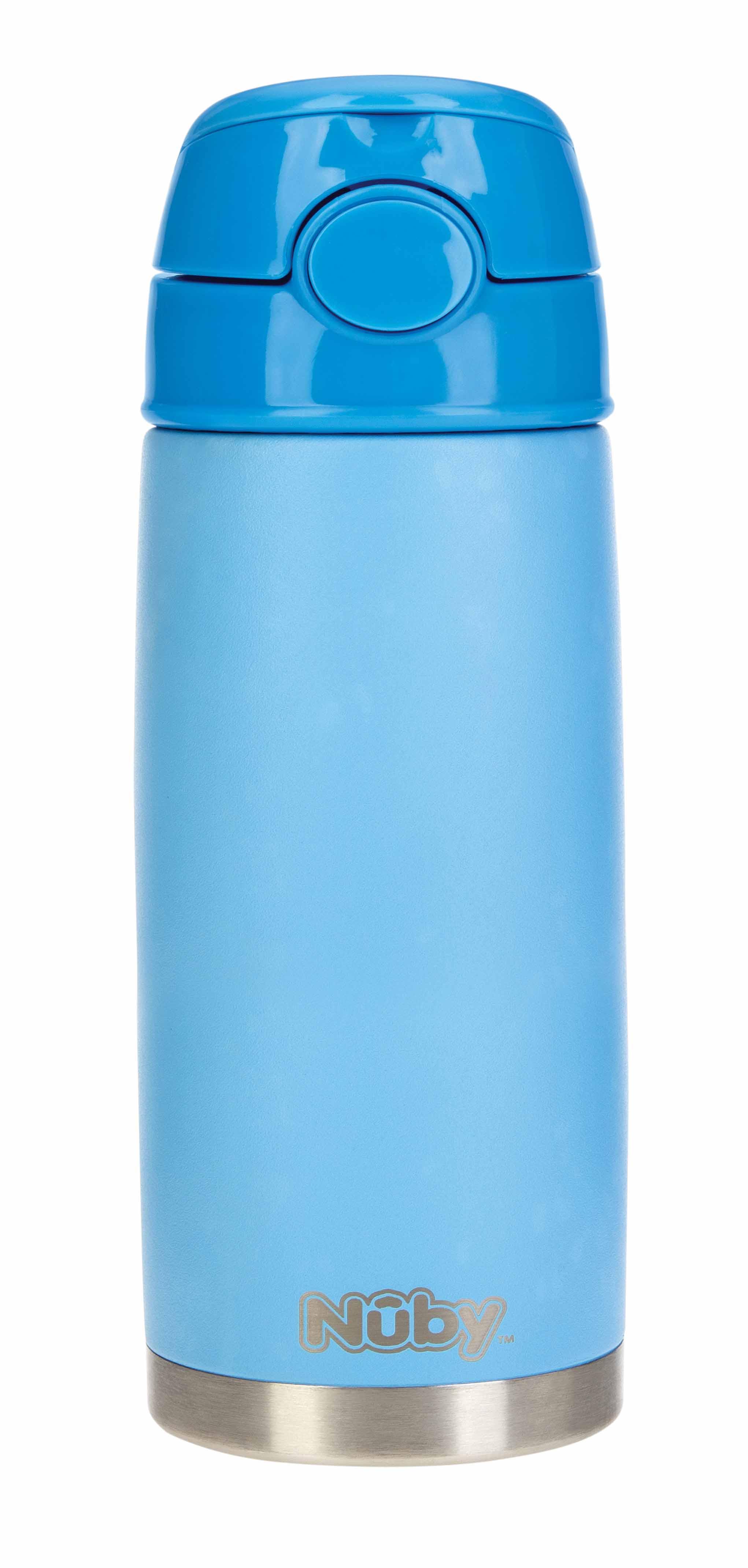 GOURDE INOX 420ML PAILLE OUVERTURE BOUTON POUSSOIR BLEU
