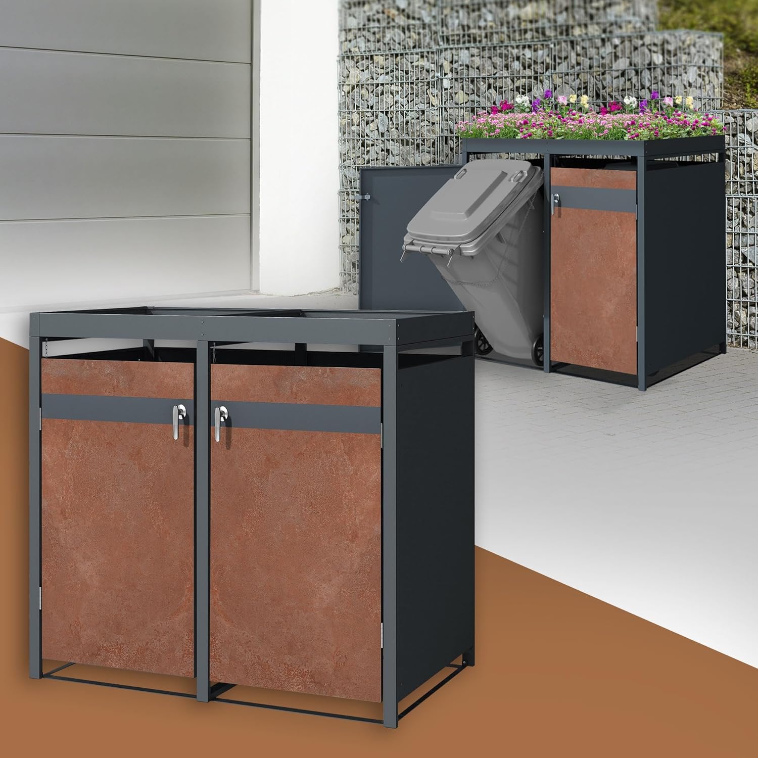 ML-Design Mülltonnenbox 2er mit Pflanzdach für 2 Tonnen, 240L 132x80x124 cm, Rost-Optik, Stahl, wetterfest, Abschließbare Mülltonnenverkleidung mit Tür, Müllbox Mülltonnecontainer Mülltonnenabdeckung