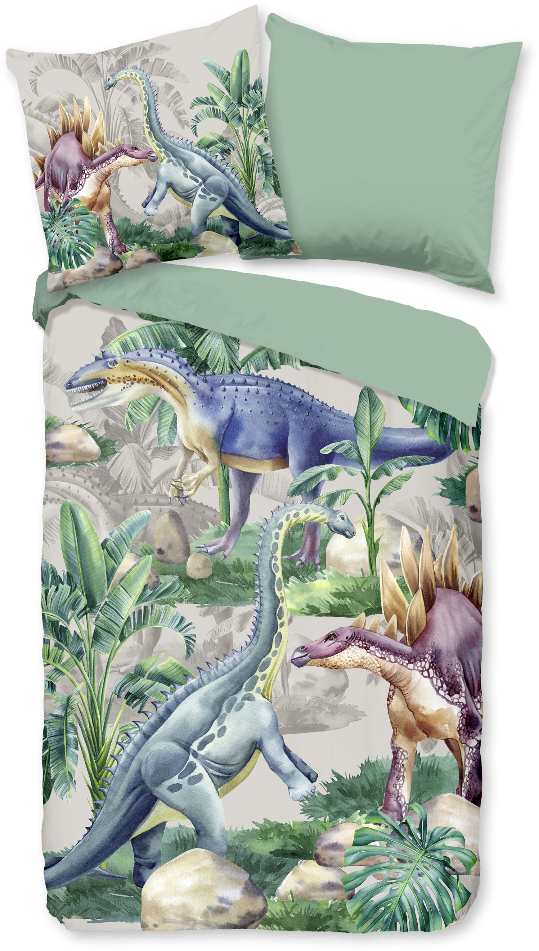 good morning Kinderbettwäsche »Century« 2 Stk. tlg. Baumwolle, 135x200, Reissverschluss, Wendeoptik, Kind, Junge, Dino Grün