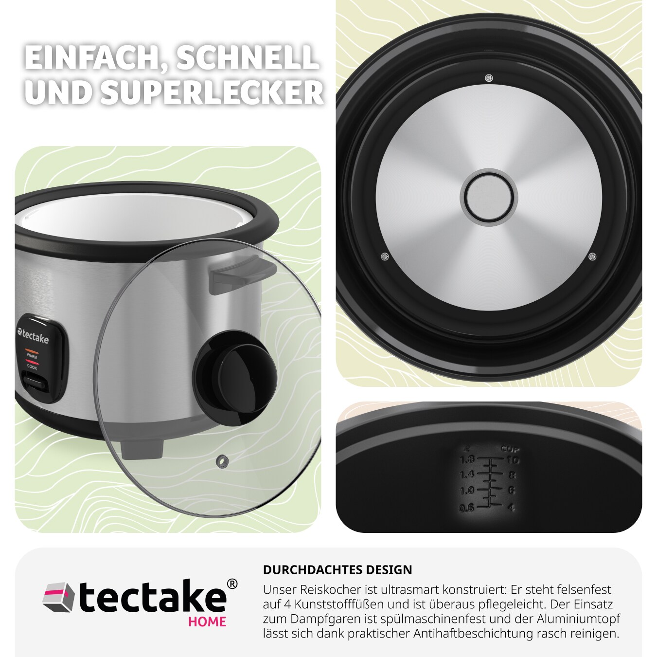 tectake® Reiskocher, 1,8 l, für 10 Portionen, Warmhaltefunktion, hitzebeständige Griffe, 31 x 27,5 x 25,5 cm
