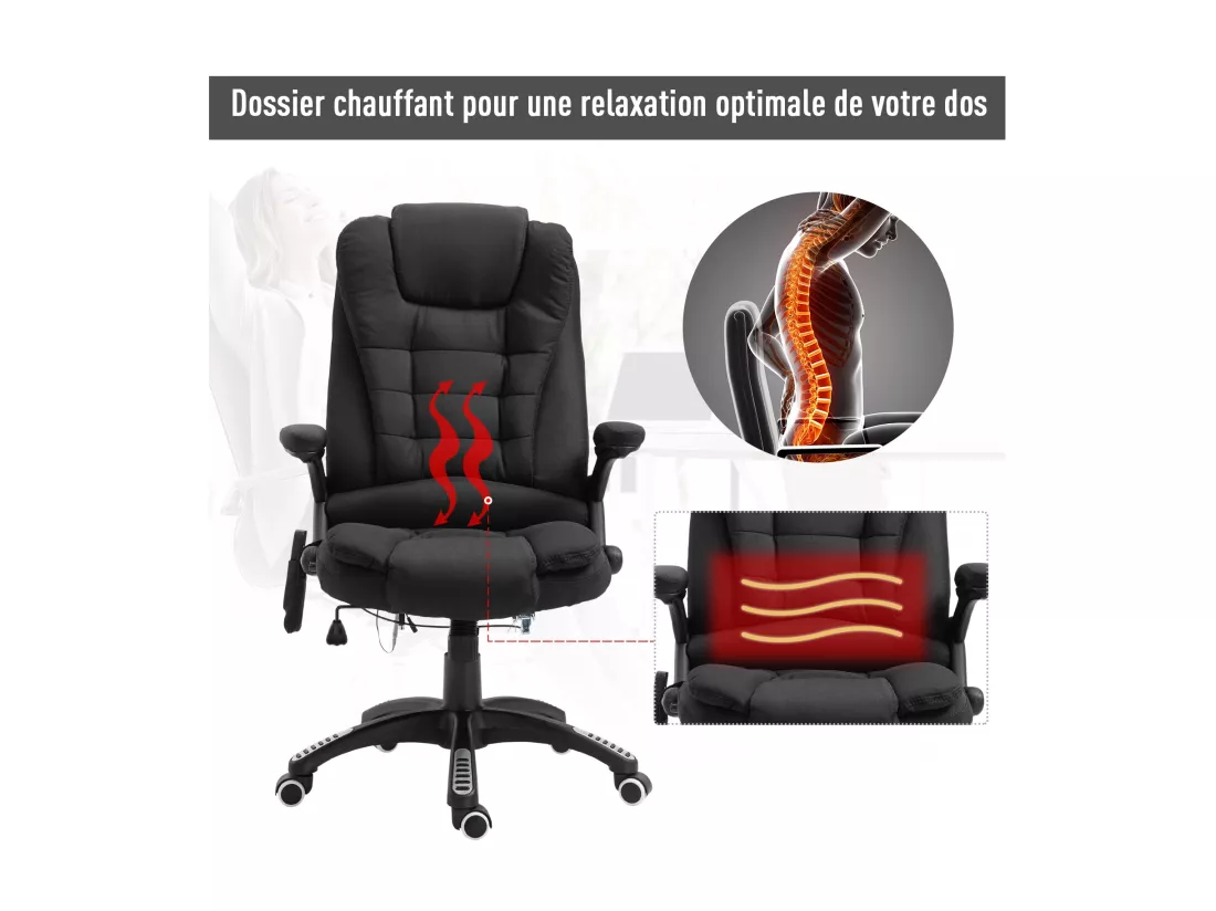 Fauteuil de bureau direction massant chauffant hauteur réglable dossier inclinable toile de lin noir