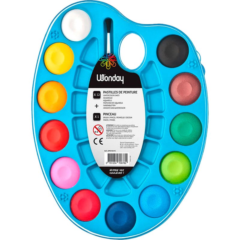 Palette ovale de 12 pastilles de couleur + 1 pinceau Wonday