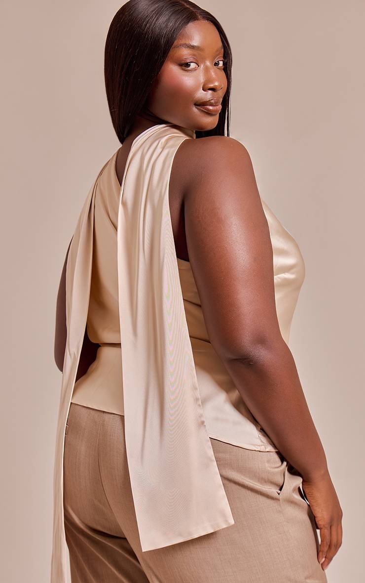 Beige Haut Grande Taille En Satin À Détail Foulard Asymétrique