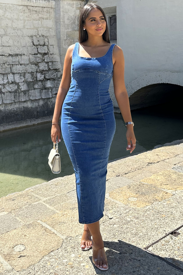 Robe longue en jeans bleu à bretelles large