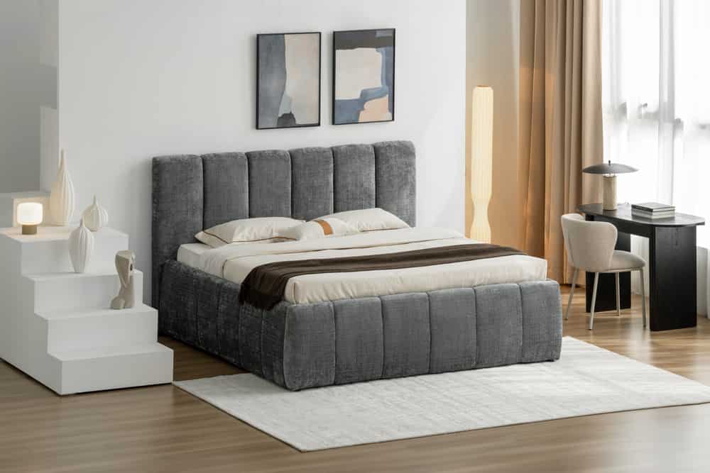 Design Boxbett ADLON 180x200cm grau Chenille mit Stauraum und Lattenrost