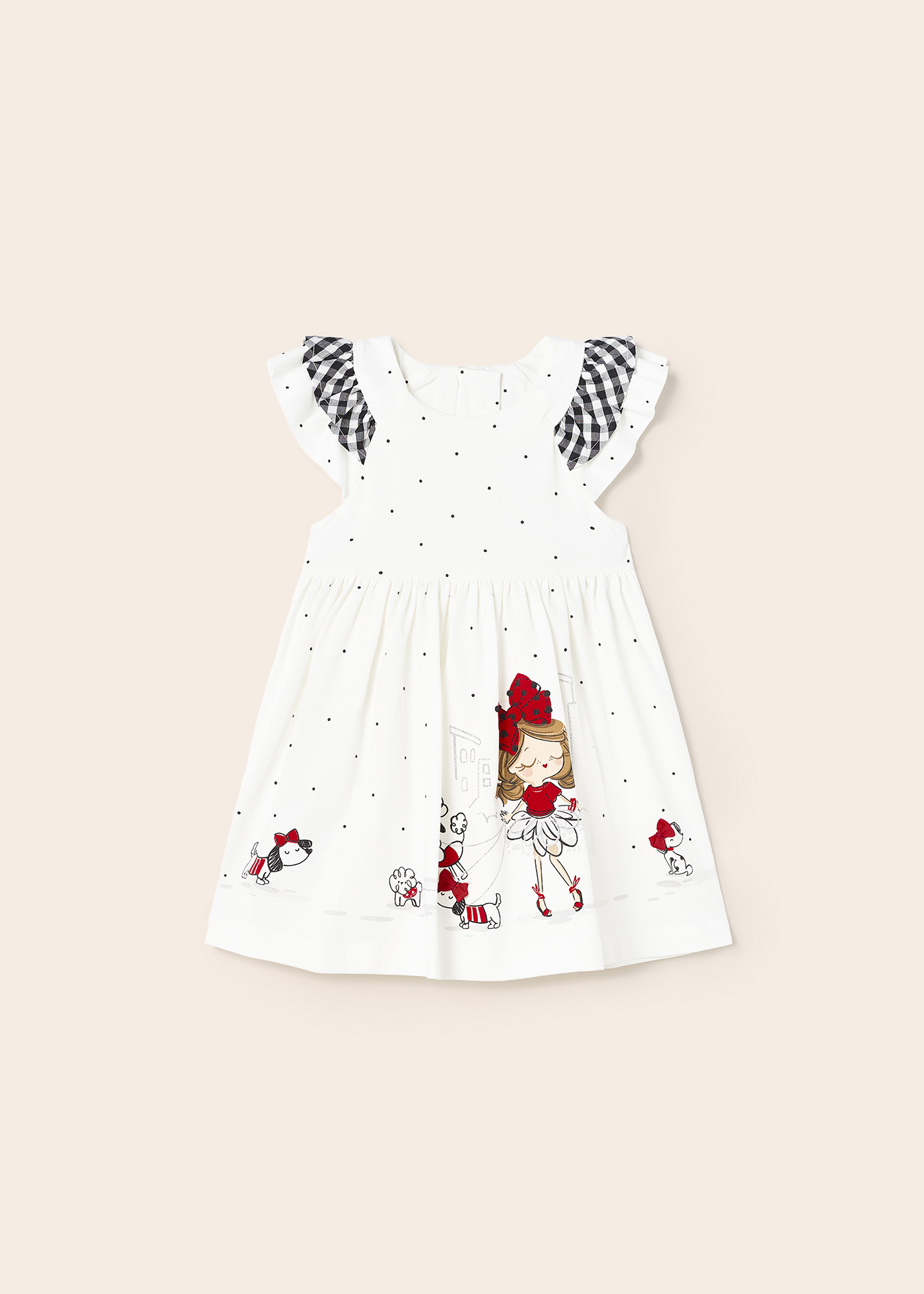 Vestido infantil com estampa feita de algodão sustentável.