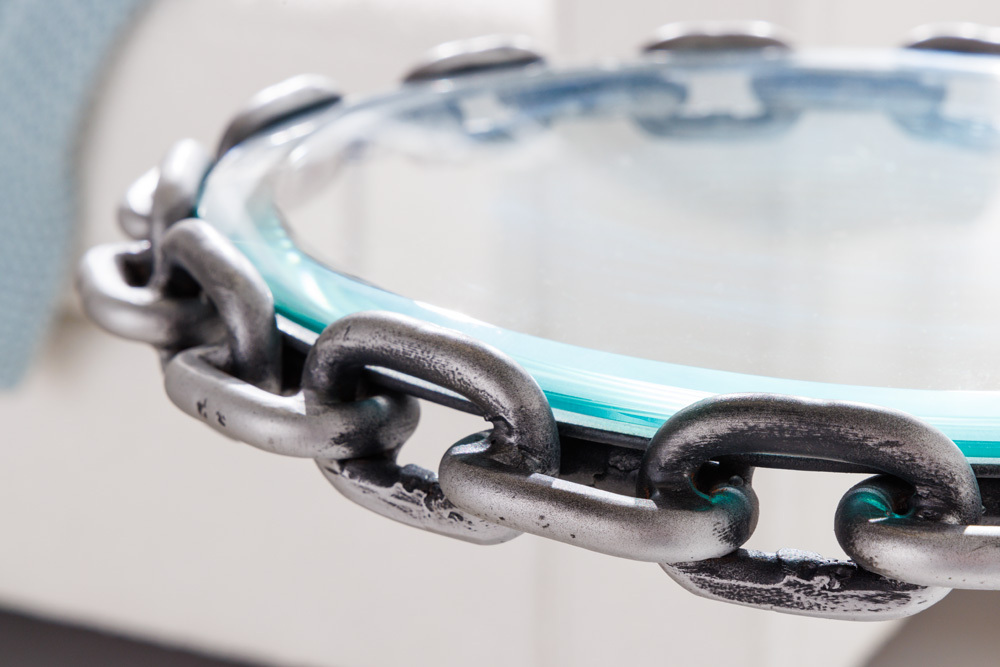 Design Beistelltisch CHAINS 35cm silber handmade Metall rund Glasplatte Kettengestell