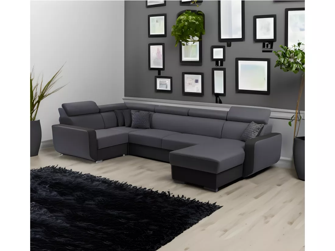 Canapé panoramique convertible EMPERO U en tissu et simili gris et noir