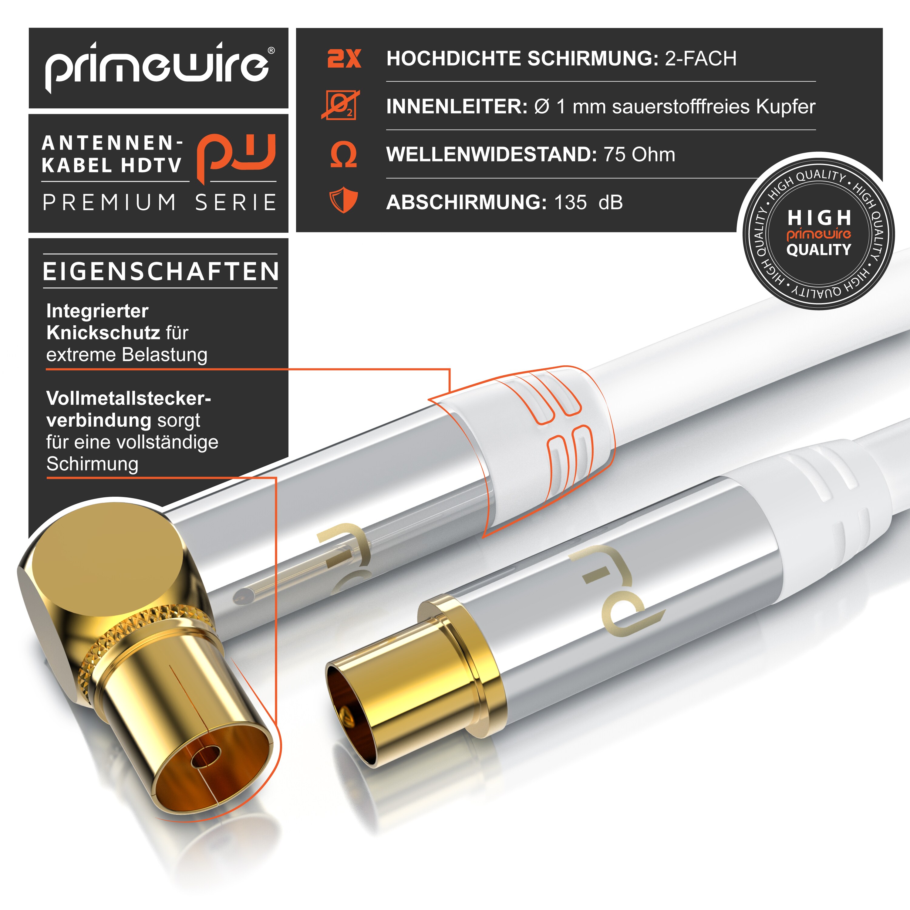 Primewire Antennenkabel gewinkelt - Koaxialkabel - Koax Kupplung 90° Winkel zu Stecker gerade - HDTV 75 Ohm - weiß - 3 m