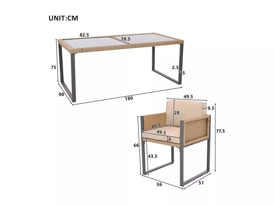 Ensemble de salle à manger de jardin pour 6 personnes - 6 fauteuils - 1 table - structure en fer galvanisé - en tissu amovibles et lavables - Beige