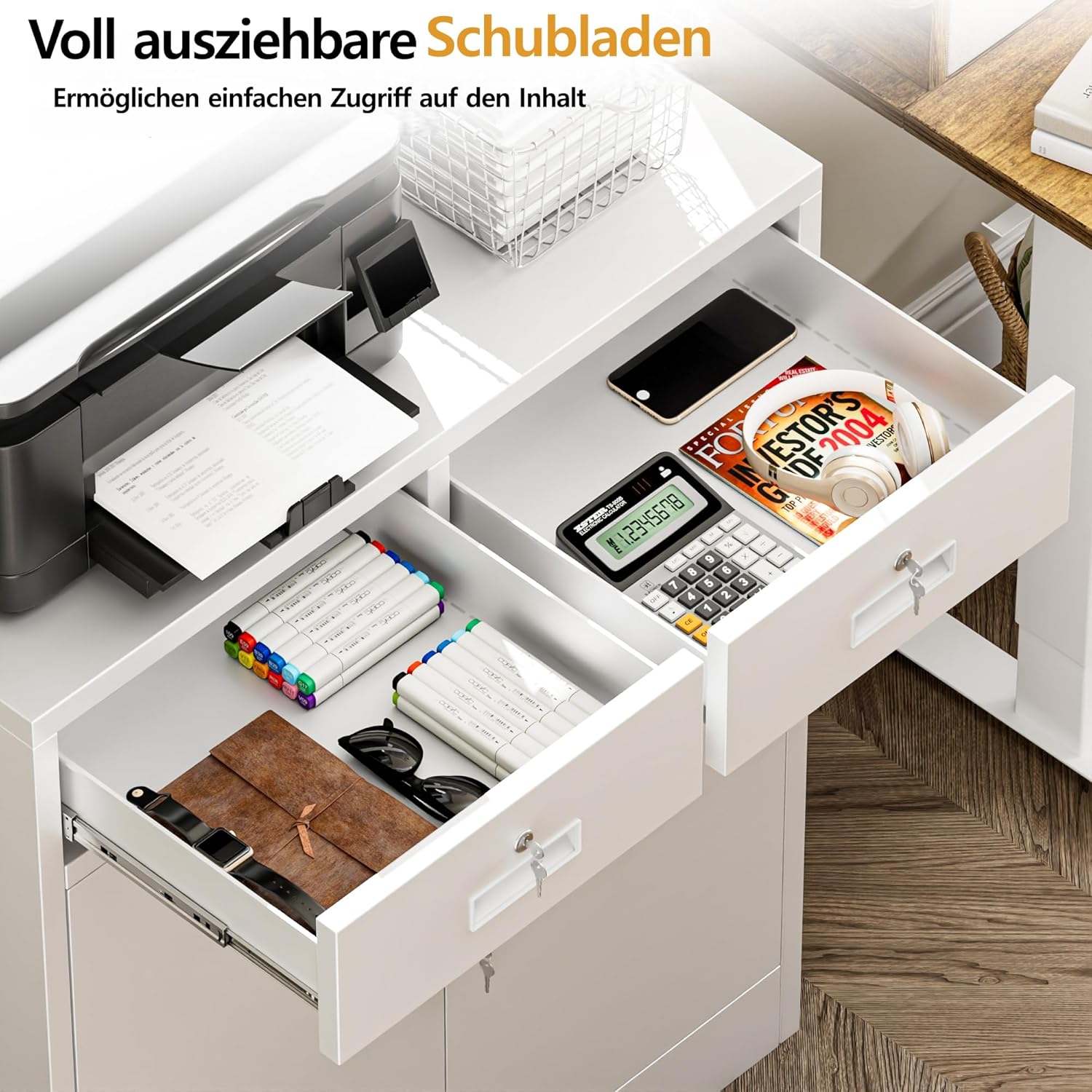 Aktenschrank, Mehrzweckschrank, Büroschrank mit 2 Türen, Schrank abschließbar, Aufbewahrungsschrank Stahl, 2 Schublade und 1 Verstellbarer Einlegeboden für Büro, Garage(Weiß, 90 * 80 * 40)
