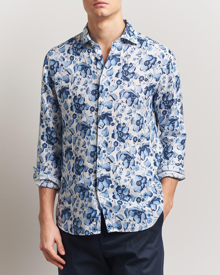 Stenströms Fitted Body Flower Printed Linen Shirt Blue