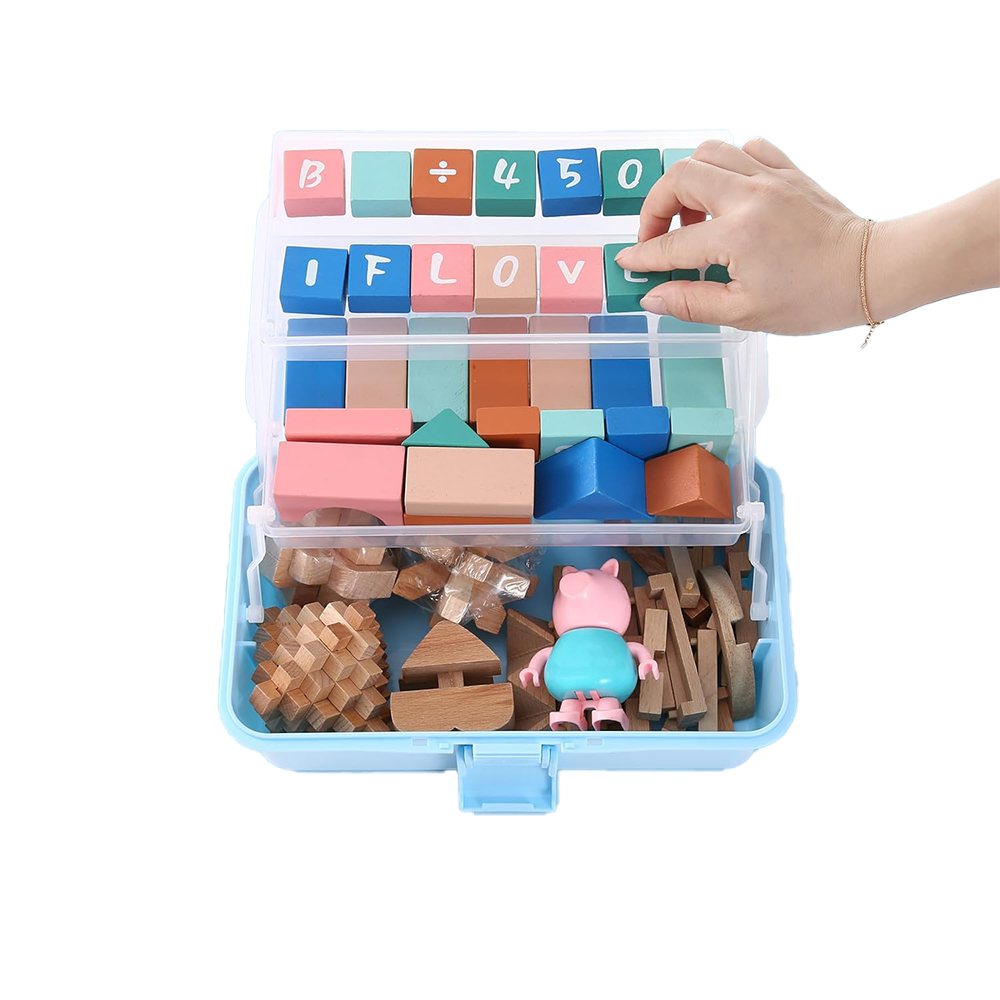 (27x16cm) 3 Etagen Aufbewahrungs Box 4-facher Organizer für Spielzeug / Mercerie / Büro   Bastelzubehör - Transparent / Blau