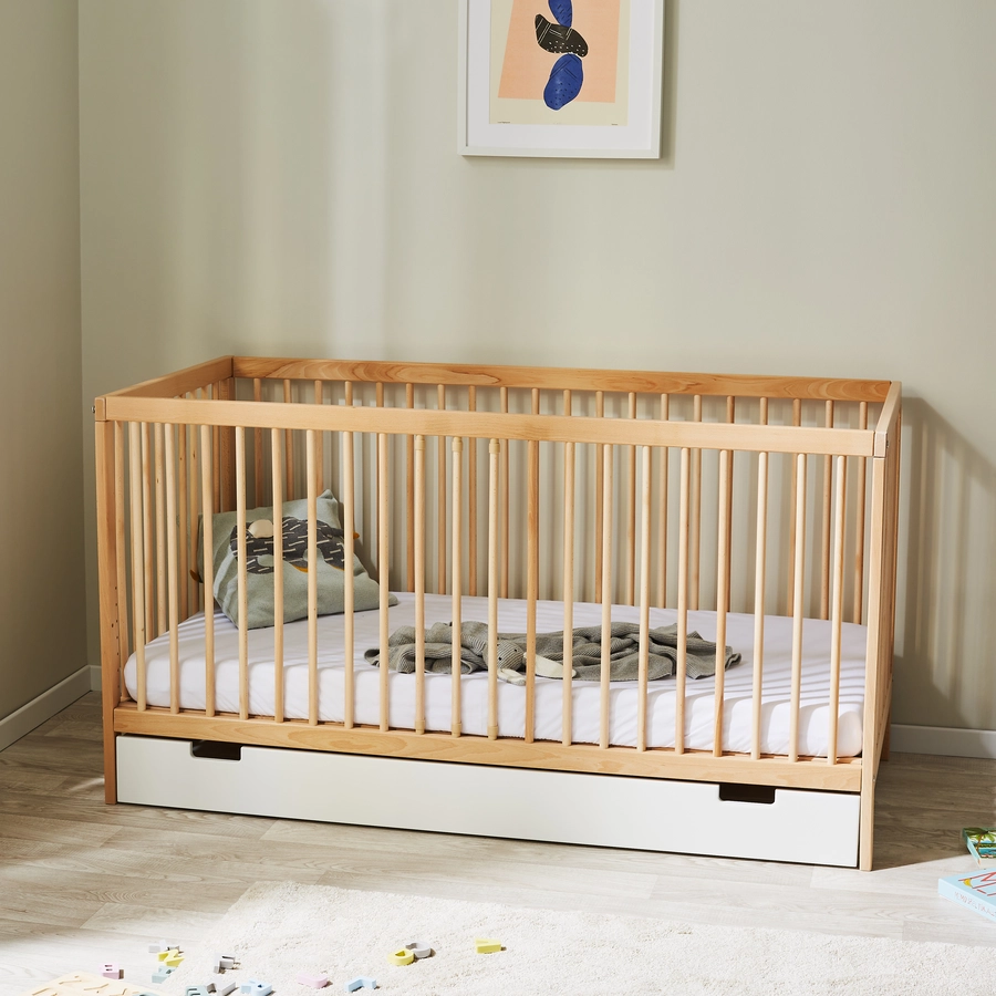 Kids Collective Babybett Gitterbett 60x120 | 70x140 höhenverstellbar & herausnehmbare Sprossen natur mit Schublade
