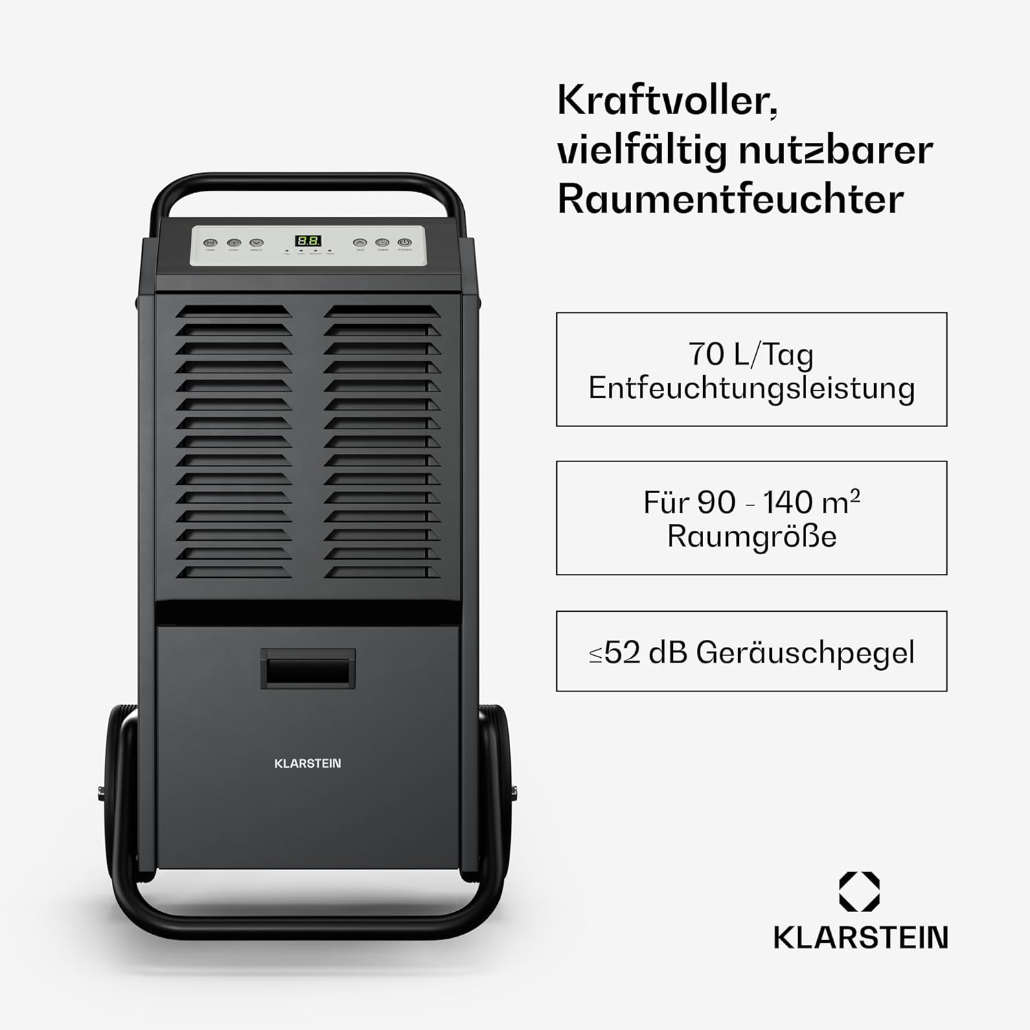 Klarstein DuraDry 70L Luftentfeuchter - Hohe Leistung, 70L/Tag, 5,5L Tank, ≤52 dB, Waschbarer Filter, Automatisches Abtausystem, Mobil, Für Keller & Große Räume bis 100 m²
