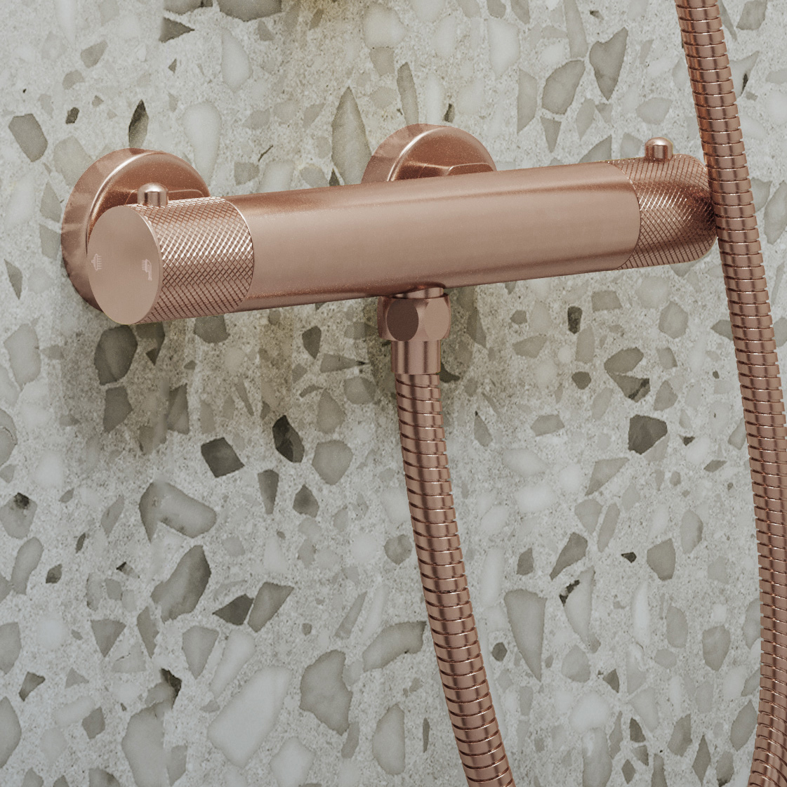 Saniclear Copper Curved doucheset geborsteld koper met thermostatische kraan, handdouche en glijstang
