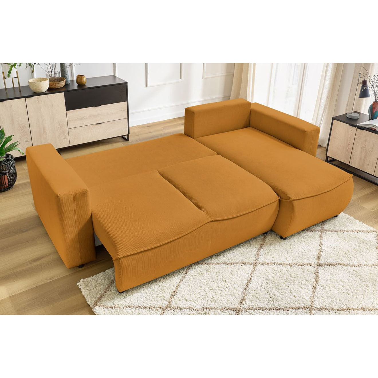 Bobochic Canapé d'angle droit convertible coffre jasmin velours côtelé jaune - 256x158x90 cm