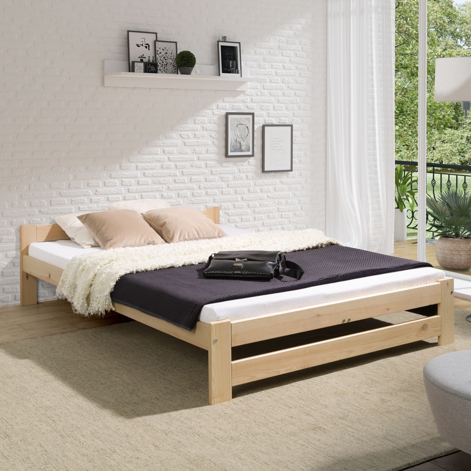 Coemo Bett Classico Holzbett Bettgestell mit Lattenrost Massivholz Kiefer 180x200 cm natur