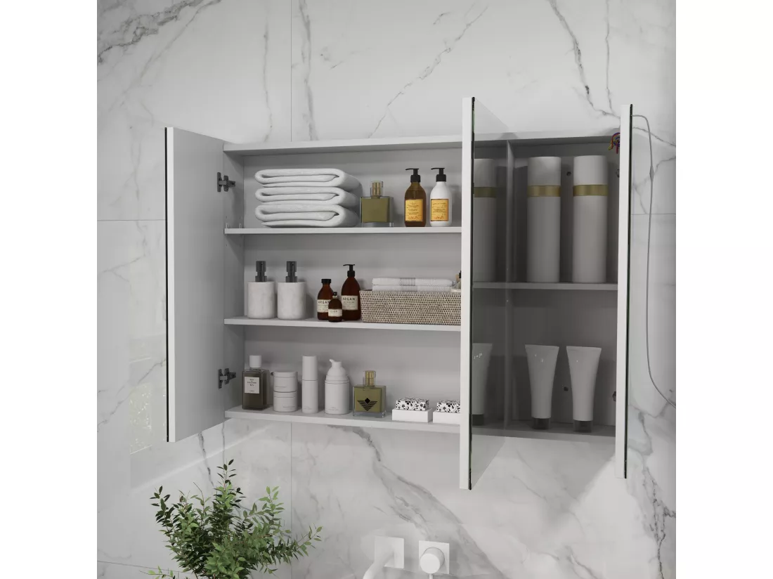 Armoire miroir LED de salle de bain - 3 portes, 3 étagères - tactile, lumière réglable - MDF blanc laqué verre