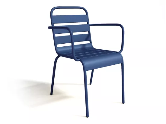 Salle à manger de jardin en métal - une table D.110 cm et 4 fauteuils empilables - Bleu nuit - MIRMANDE de MYLIA