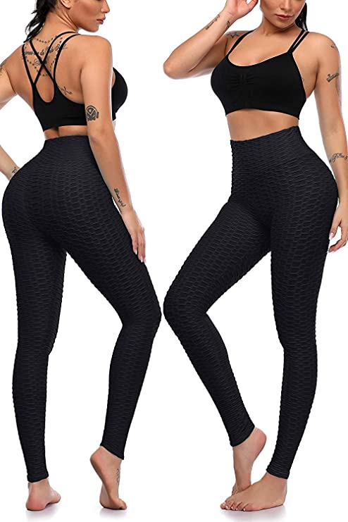 (Gr. M) Elastische Sport Push Up Leggings Wabenstruktur Shaping Stretch Hose für Frauen - Schwarz