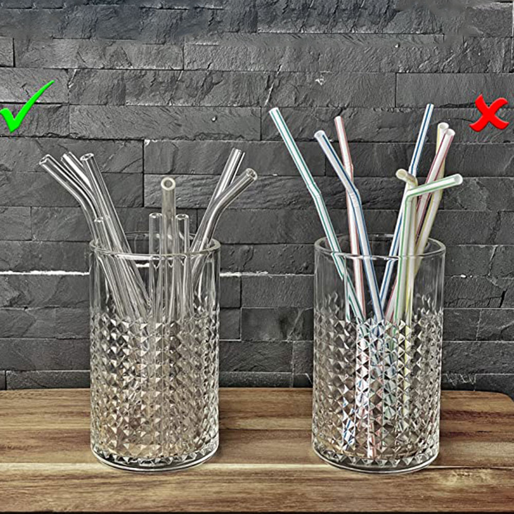 (11-tlg. Set) 20cm Glas Strohhalme Gebogen Wiederverwendbare Trinkhalme inkl. Reinigungsbürsten - Gelb