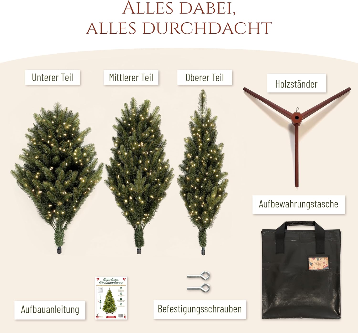 Premium Künstlicher Weihnachtsbaum mit Beleuchtung 180 cm – naturgetreuer Tannenbaum künstlich mit 440 warmweiß-goldenen LED, 8 Lichtmodi & Timer – Weihnachtsbaum LED mit Holzständer