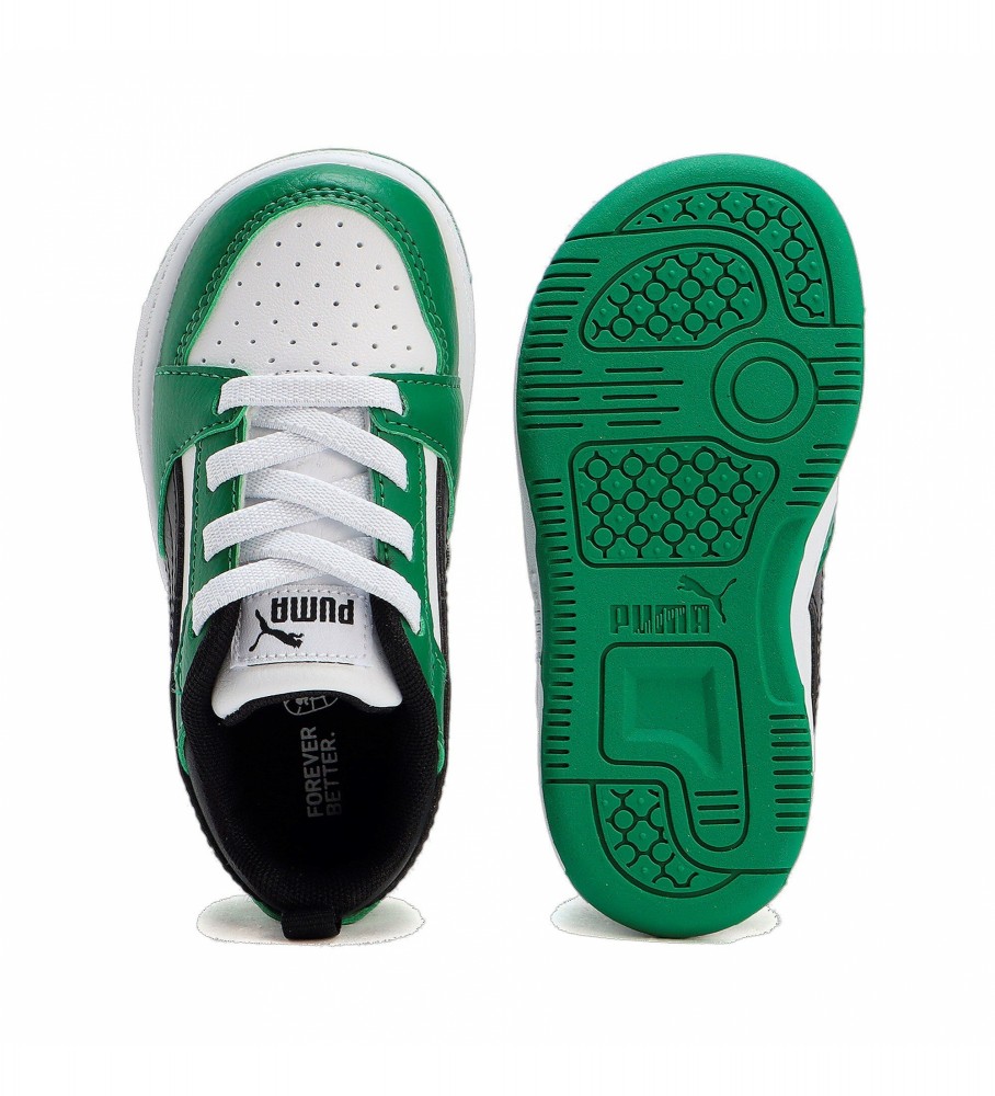 Tênis Puma Rebound V6, branco e verde.