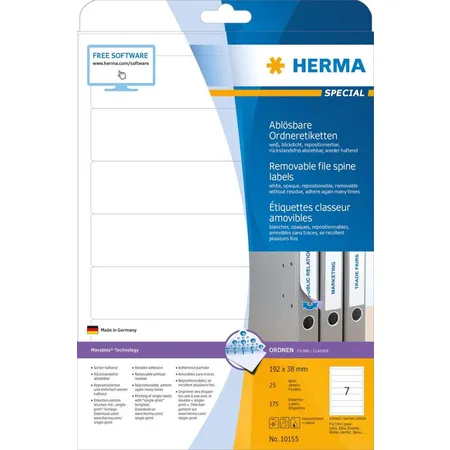 HERMA Ablösbare Ordneretiketten A4, 192 x 38 mm, weiß, blickdicht, für schmale Ordner, 25 Blatt