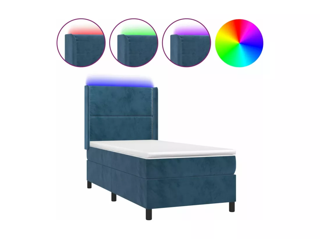 Sommier tapissier et matelas et LED Bleu foncé 90x190cm Velours