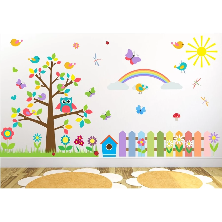 Nikima Wandtattoo 021 Wandtattoo Baum mit Eule bunte Blumen und Zaun bunt